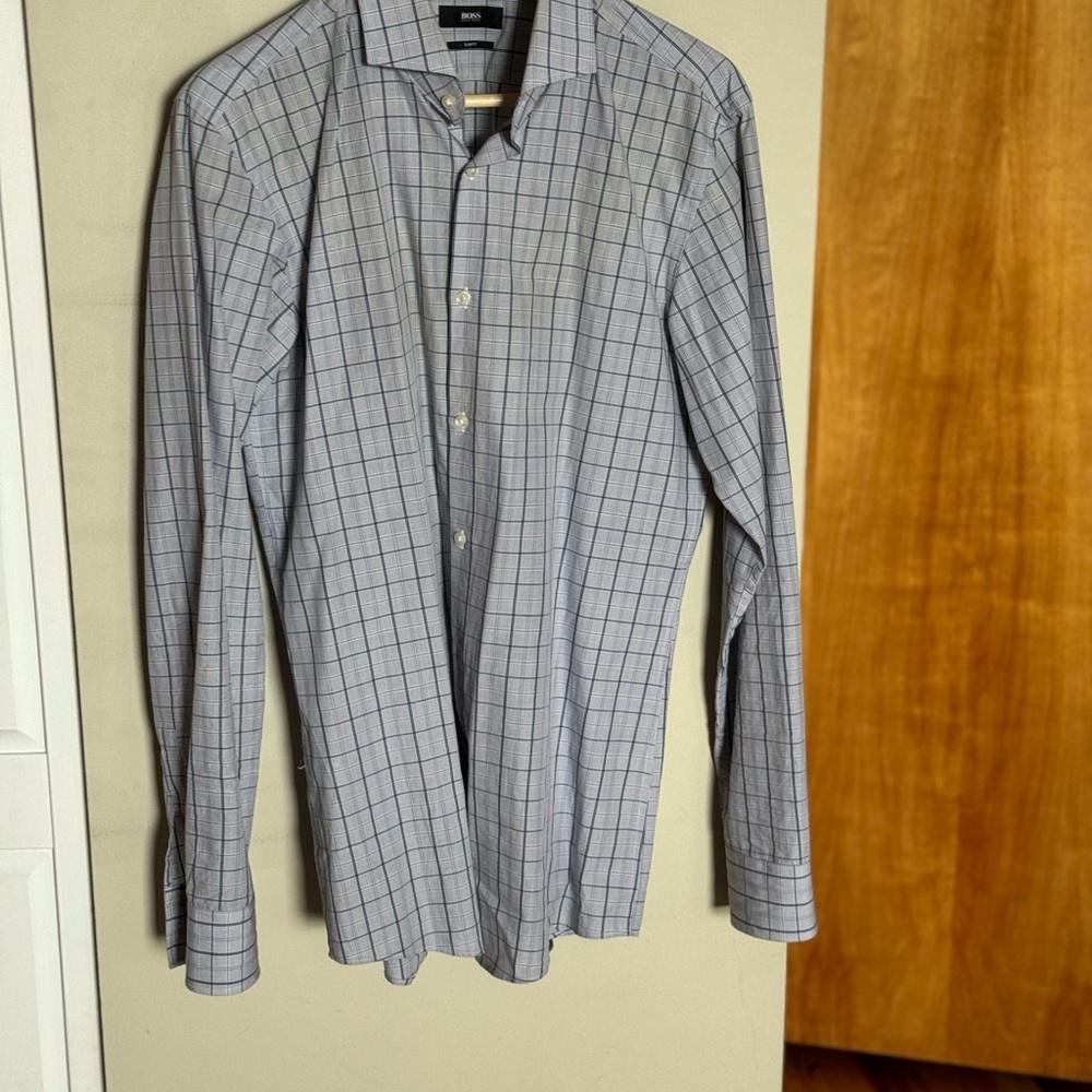 Boss Men's Gray Plaid Slim Fit Spread Collar Dress Shirt